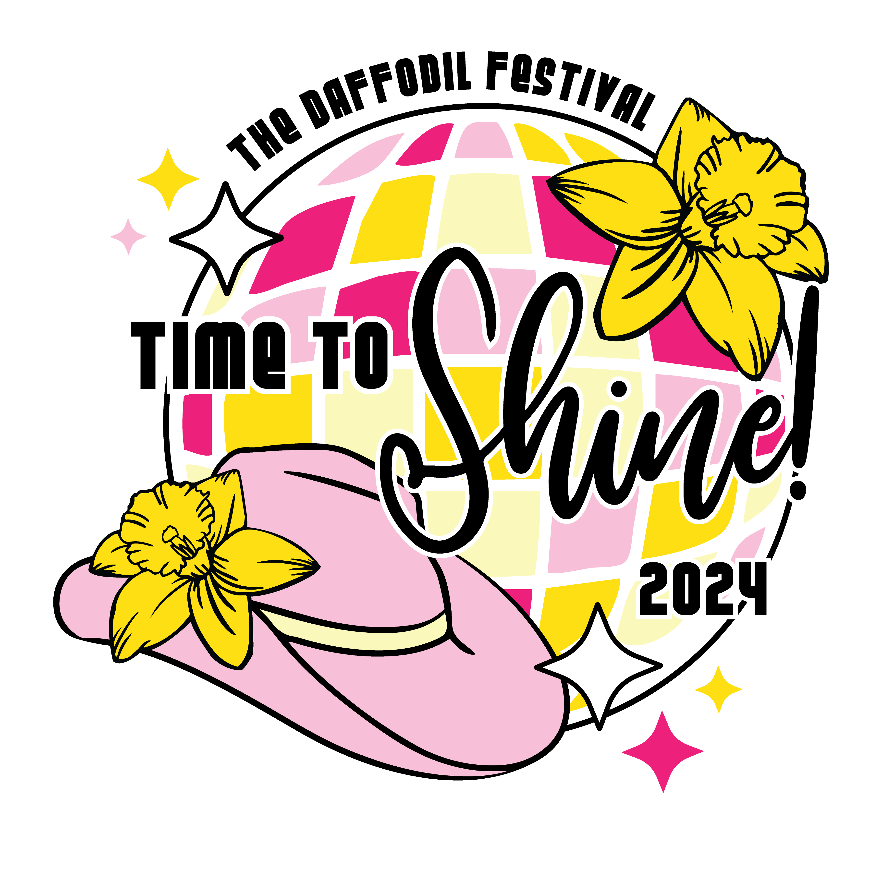 Logo with "The Daffodil Festival - Time to Shine 2024" written in bold font in front of a sparkly pink and gold disco ball with daffodils and a pink cowboy hat.